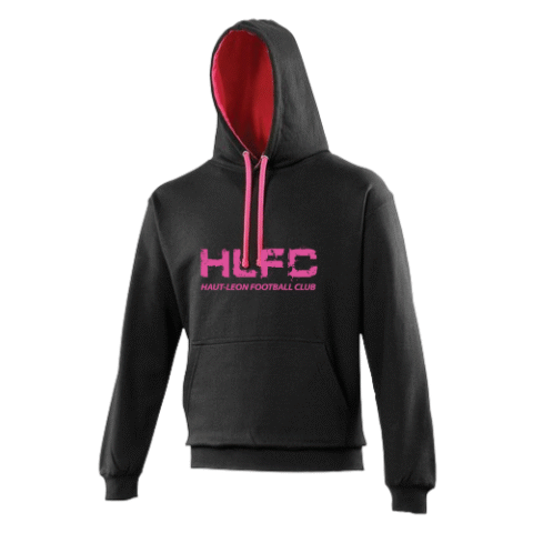 Sweat à capuche noir avec doublure rose et cordons de serrage, orné d'un logo rose sur le devant.