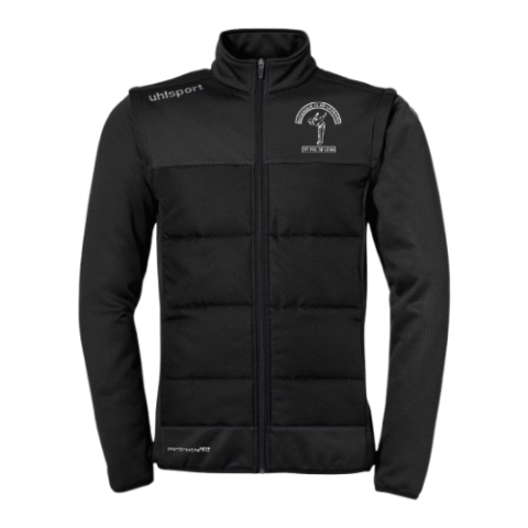 Doudoune noire zippée à col montant et petit logo blanc sur la poitrine, isolée sur fond blanc