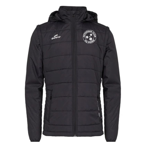 Doudoune noire à capuche avec fermeture éclair sur le devant et logo blanc sur la poitrine