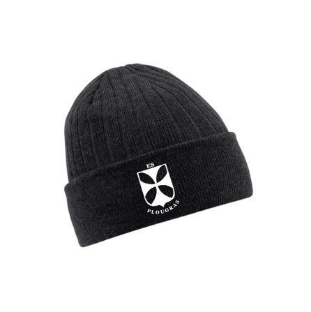Bonnet en maille noire avec logo blanc sur le revers, isolé sur fond blanc