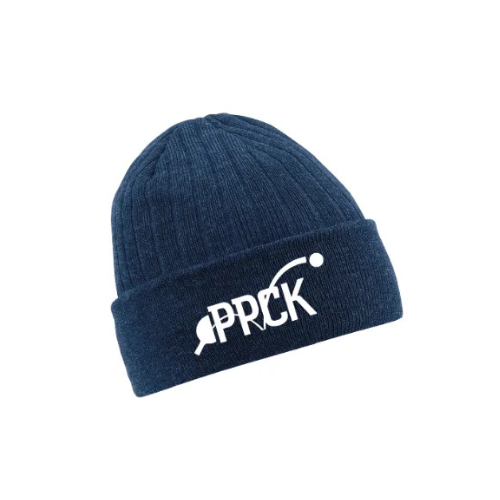 Bonnet en maille bleu marine avec logo PRSK blanc sur fond blanc