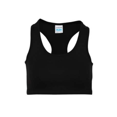 Soutien-gorge de sport noir à dos nageur sur fond blanc