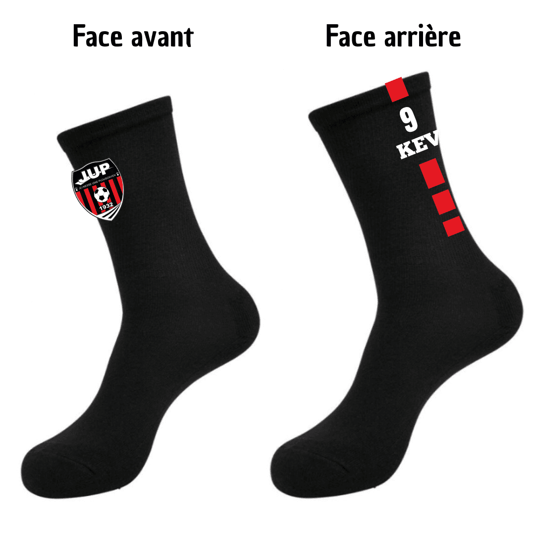 Chaussettes noires présentées recto et verso, avec logo sportif rouge et blanc et inscription « 9 KEY » au dos.
