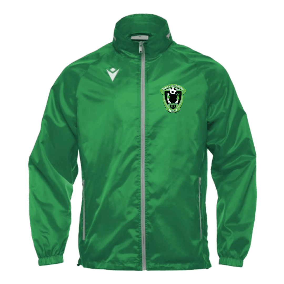 Veste de sport noire zippée avec écusson vert et logo blanc sur la poitrine, vue de face