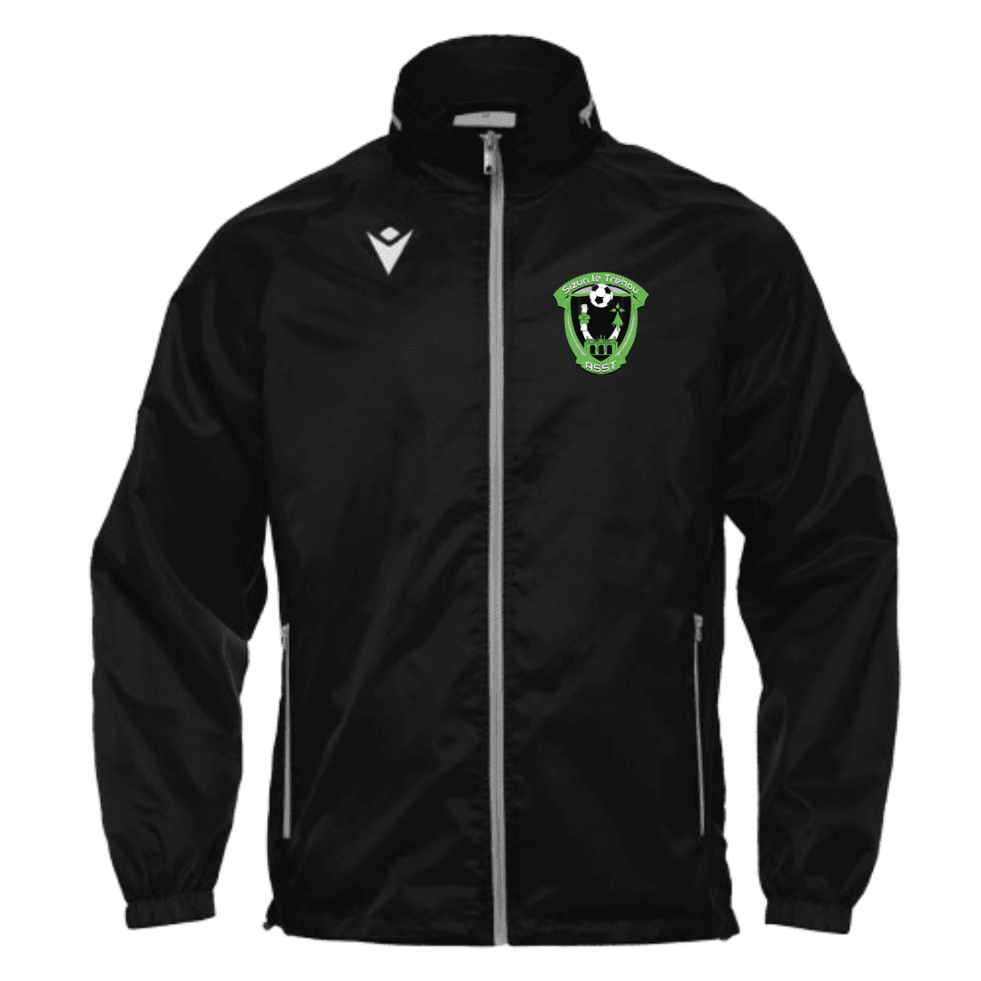 Veste de sport noire zippée avec écusson vert et logo blanc sur la poitrine, vue de face