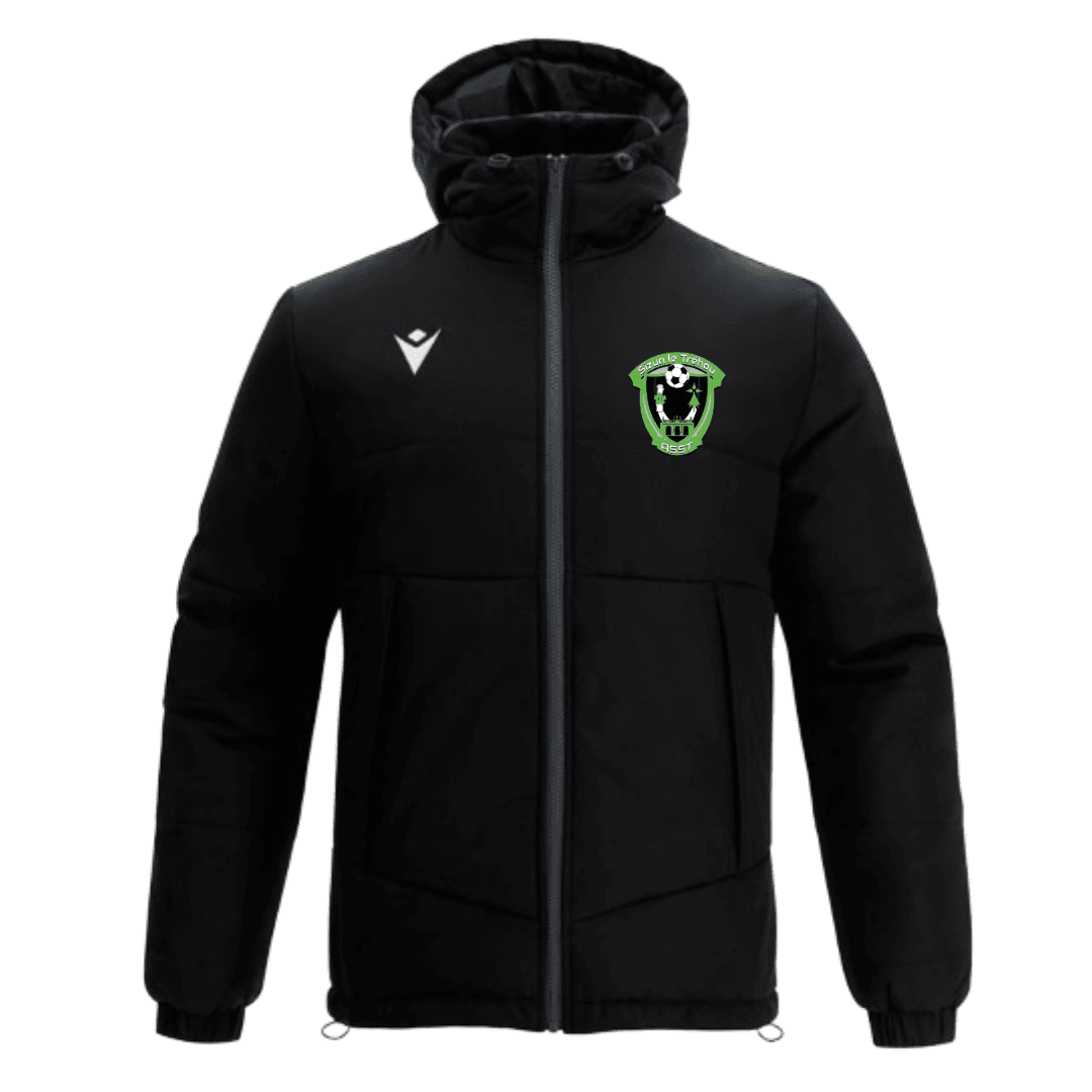 Veste à capuche noire avec logo blanc et écusson vert sur la poitrine