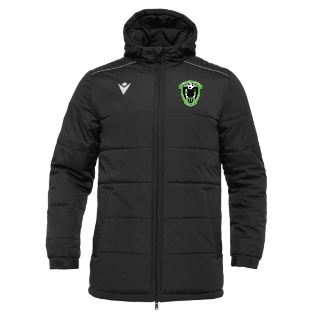 Doudoune noire à capuche avec écusson de l'équipe et logo blanc sur la poitrine, vue de face.