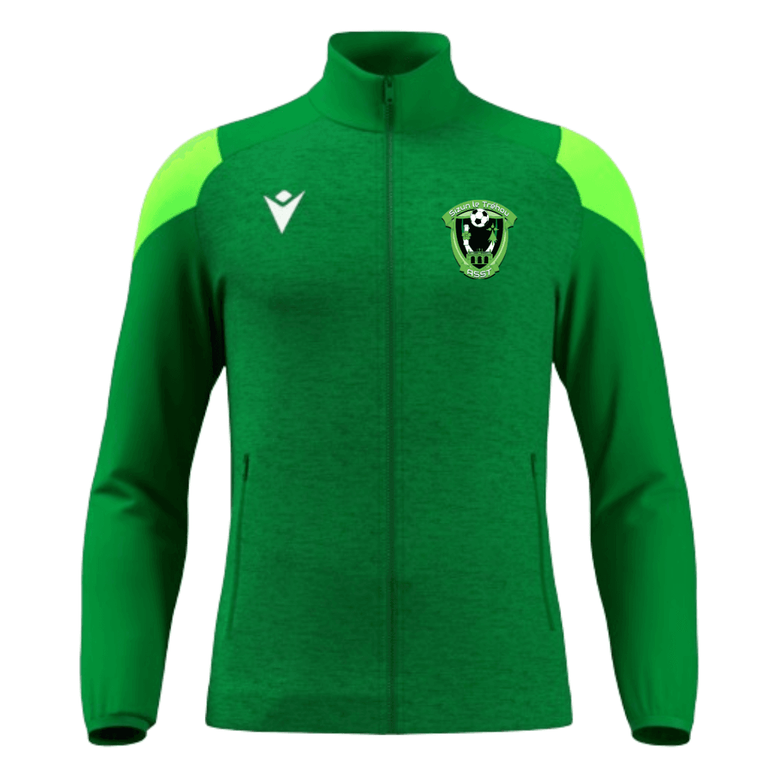 Veste de sport verte zippée avec empiècements noirs aux épaules et écusson de l'équipe sur la poitrine