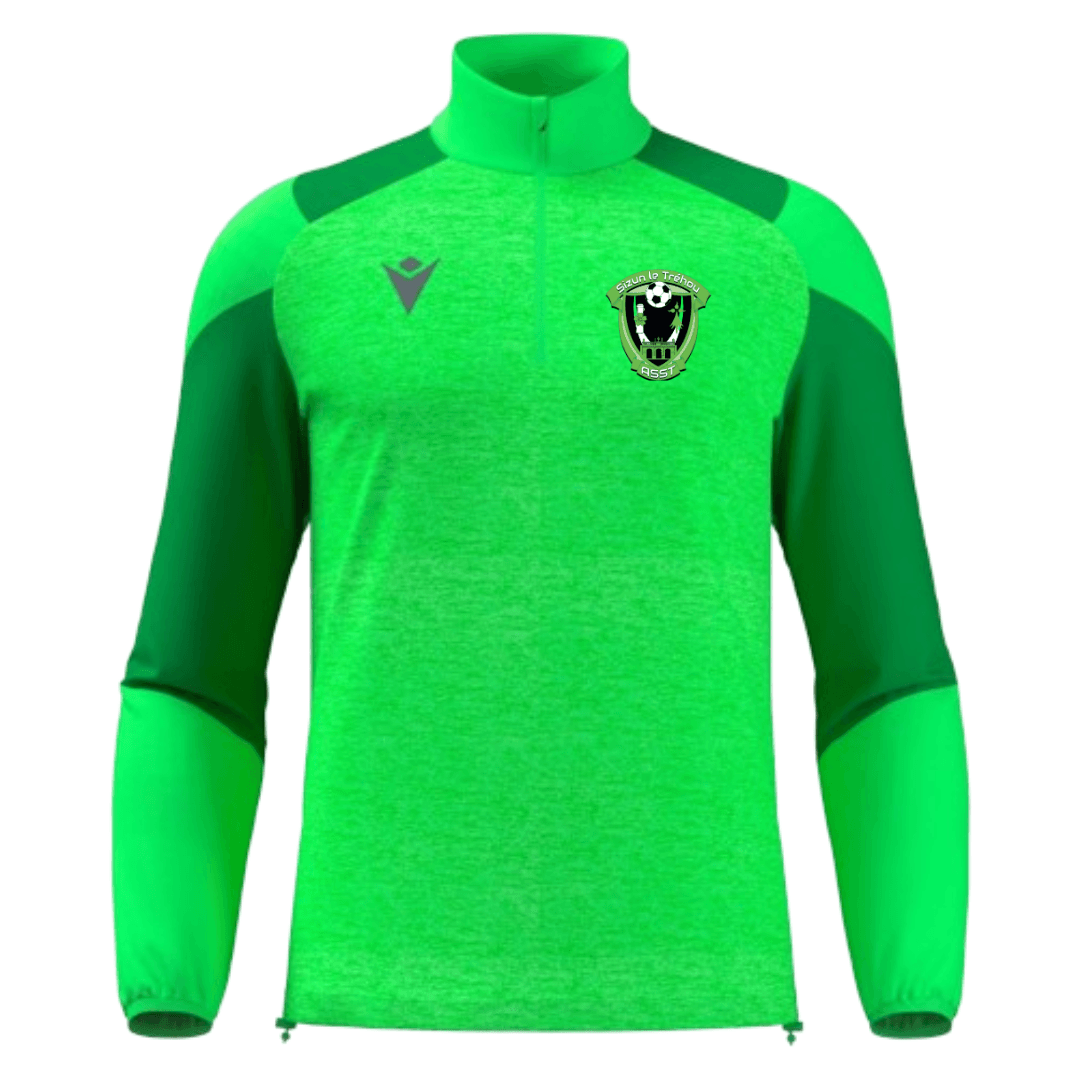 Maillot de sport vert à manches longues avec empiècements vert foncé aux épaules et écusson sur la poitrine