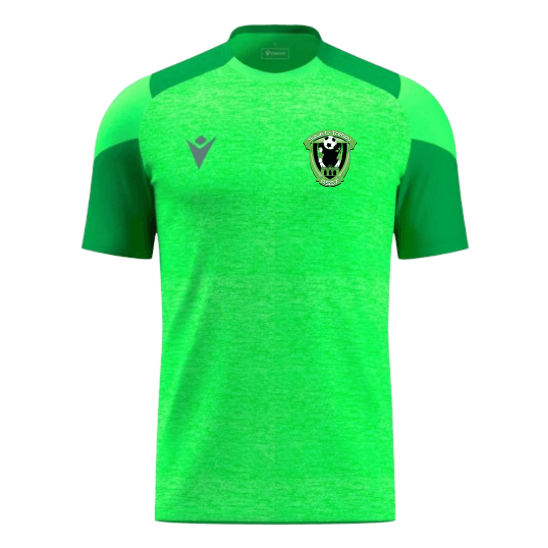 Maillot de football vert vif à manches courtes avec empiècements vert foncé aux épaules et logos de l'équipe sur la poitrine