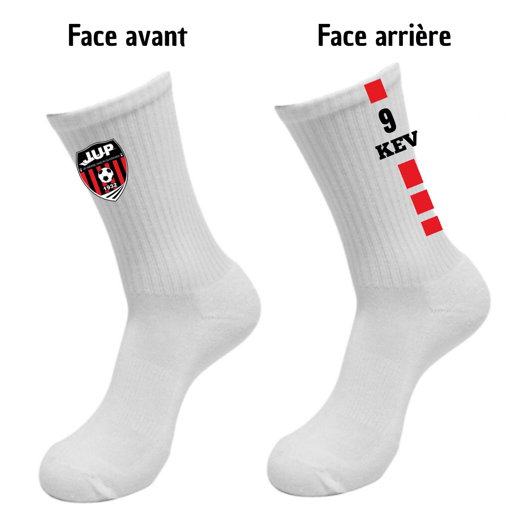 Chaussettes noires présentées recto et verso, avec logo sportif rouge et blanc et inscription « 9 KEY » au dos.