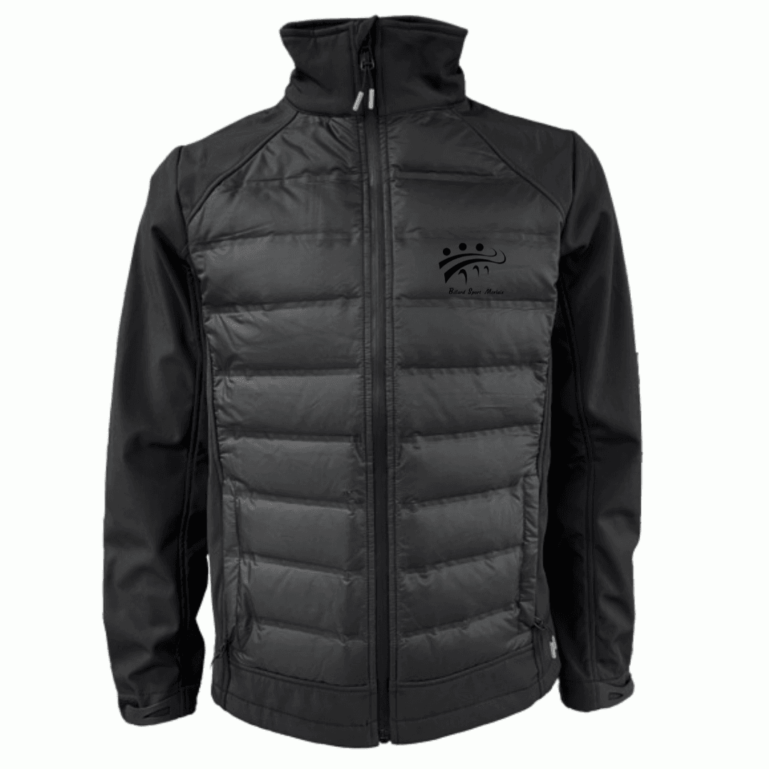 Veste zippée isolée noire et grise avec col montant et logo sur la poitrine