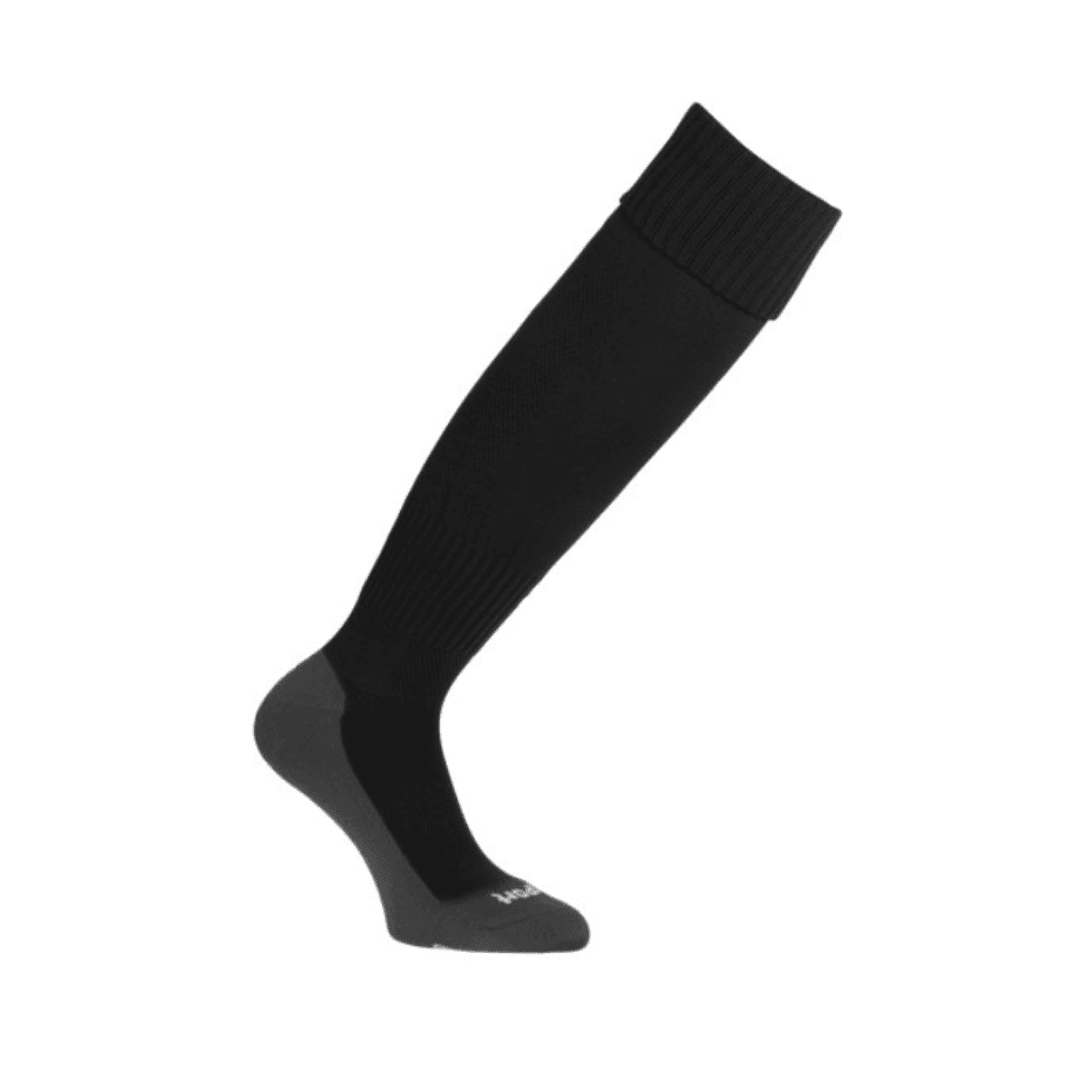 Chaussettes de compression noires montantes jusqu'aux genoux, avec talon et orteils, sur fond blanc.