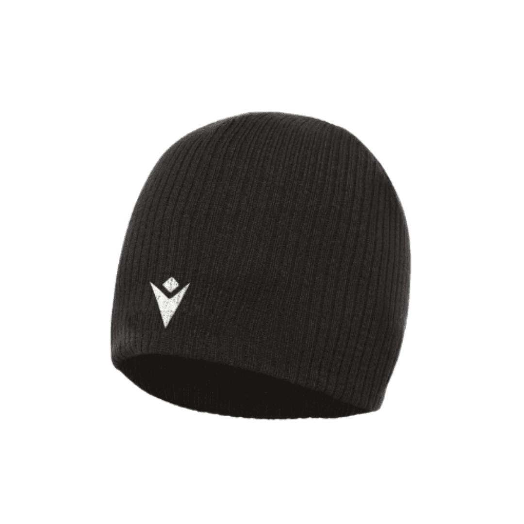 Bonnet noir en maille avec un petit logo blanc sur le devant