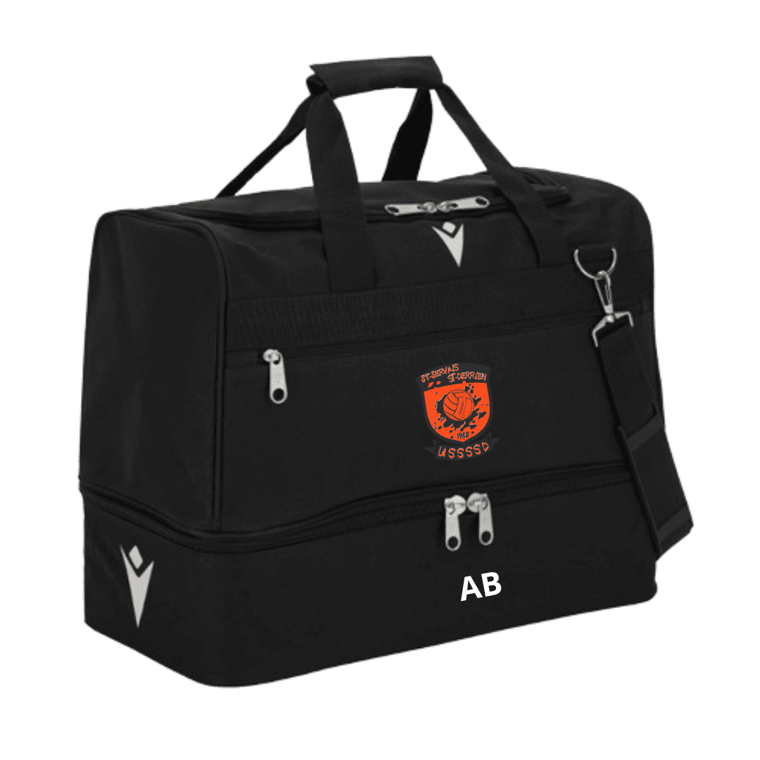 Sac de sport noir avec bandoulière, poches zippées et logo orange.