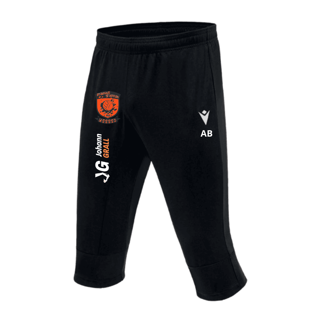 Pantalon capri de sport noir avec logos orange et blancs sur les jambes.