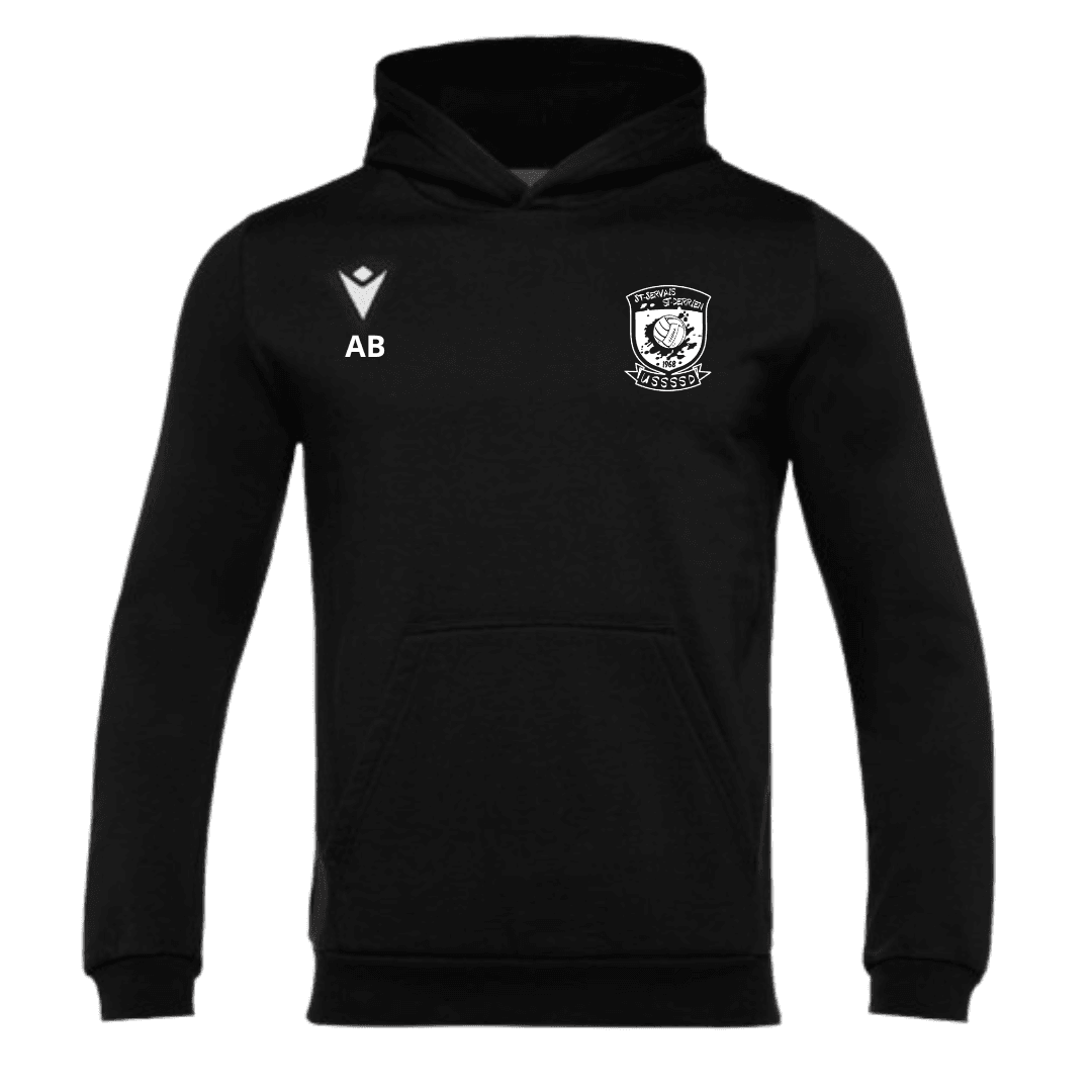 Sweat-shirt à capuche noir avec logo et initiales sur la poitrine.