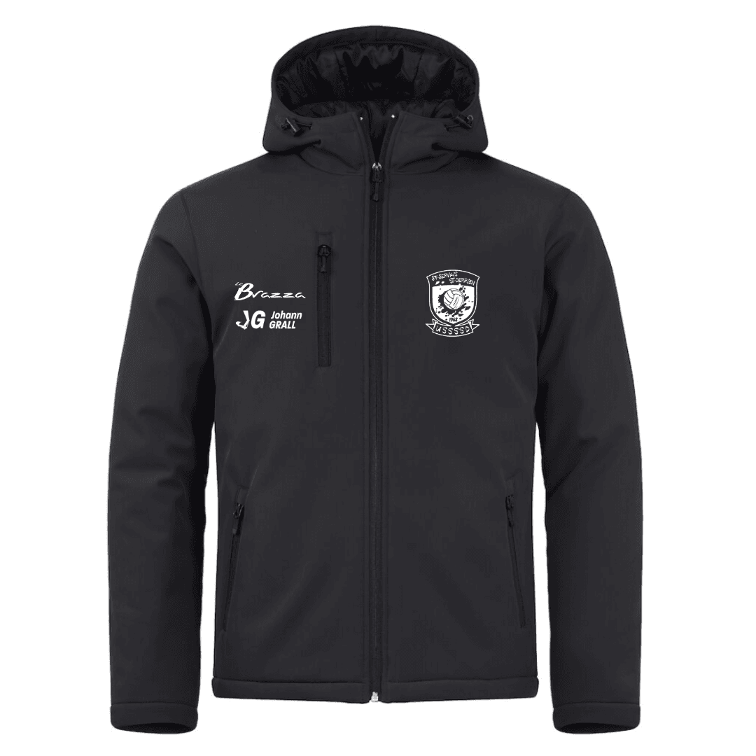 Veste noire à capuche zippée avec logo et emblème blancs sur la poitrine, vue de face sur fond uni