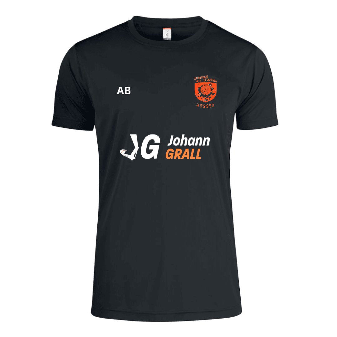 Maillot de football noir avec le logo du sponsor Johann GRAIL, un écusson orange et les initiales « AB » sur la poitrine.