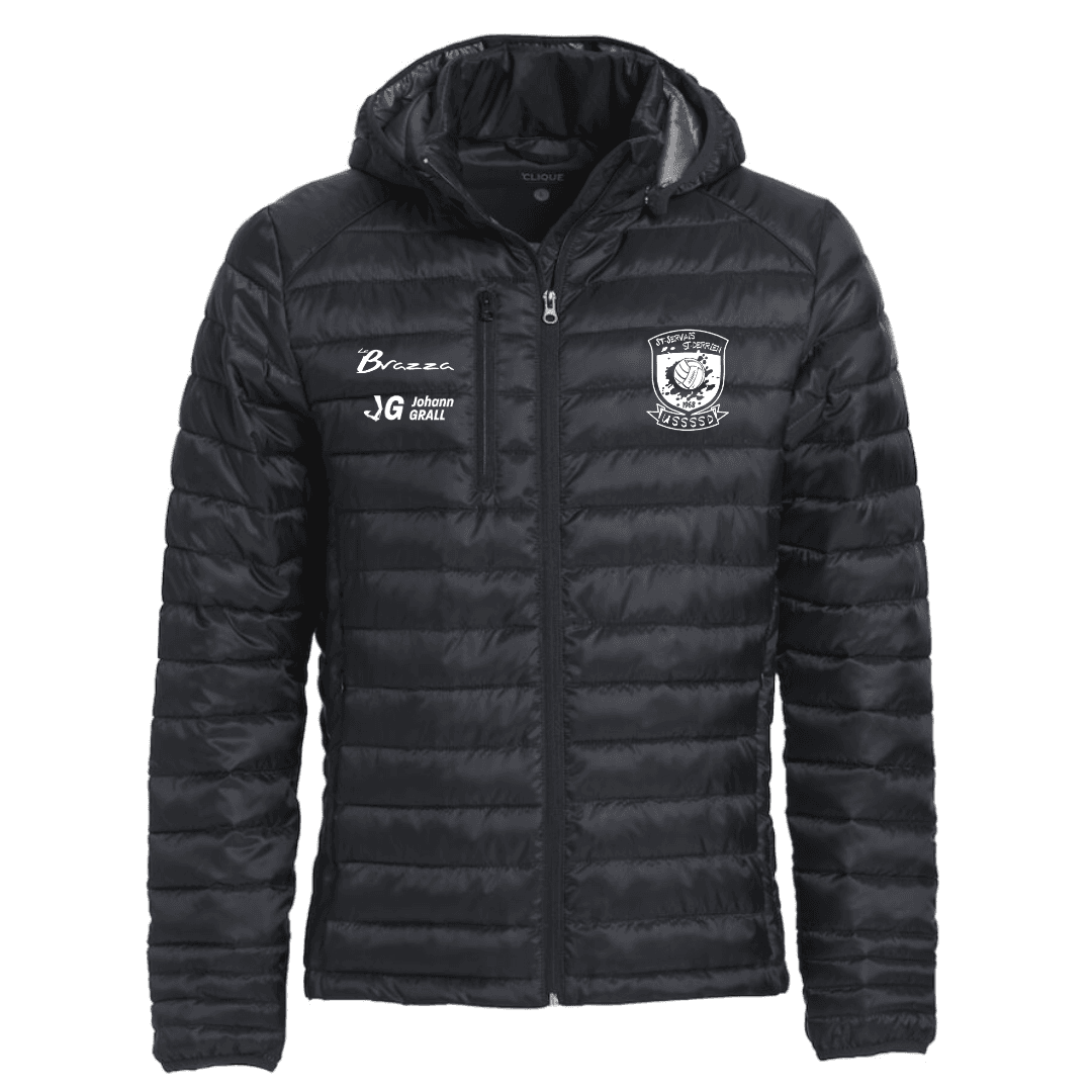 Doudoune noire à capuche avec logos blancs sur la poitrine, vue de face.