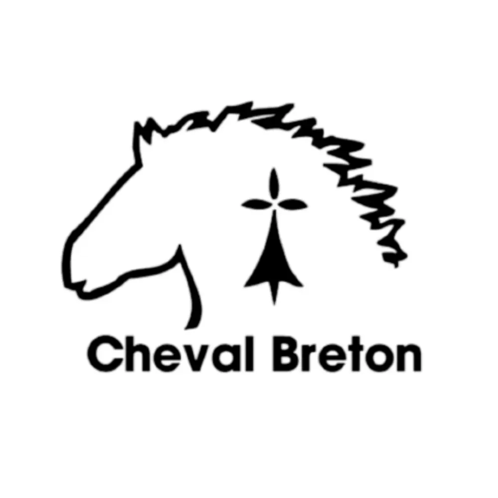 Silhouette en noir et blanc d'une tête de cheval ornée de l'hermine bretonne, avec le texte « Cheval Breton » en dessous.