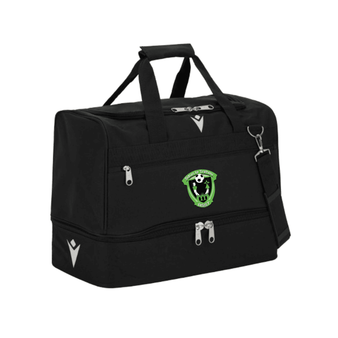 Sac de sport noir avec bandoulière et logo vert, présenté sur fond blanc