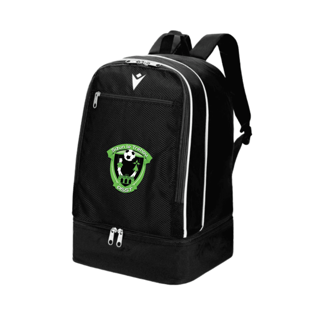 Sac à dos noir avec bordures blanches et logo vert sur fond blanc