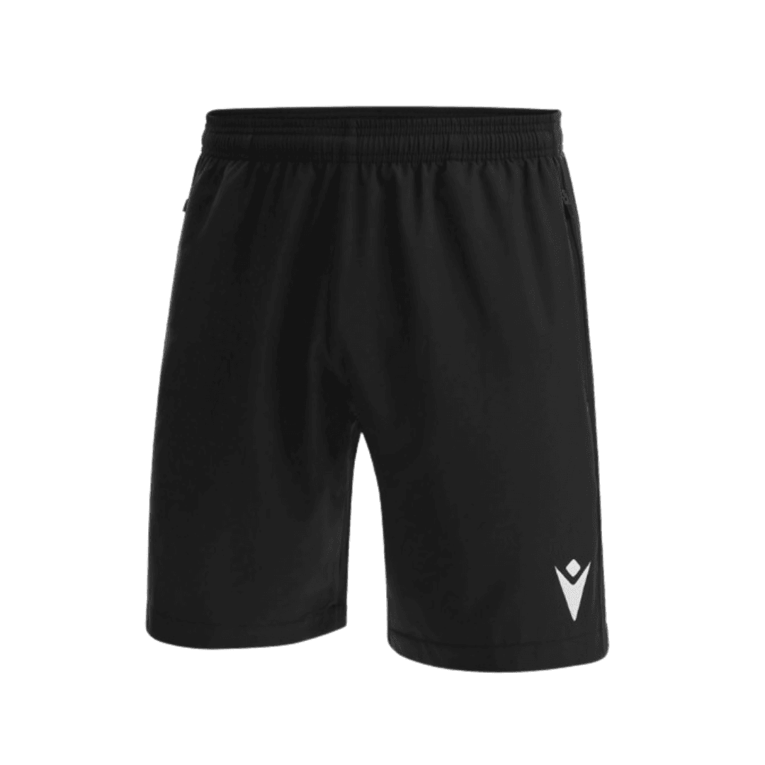 Short de sport noir avec un logo blanc sur le bas de la jambe droite.