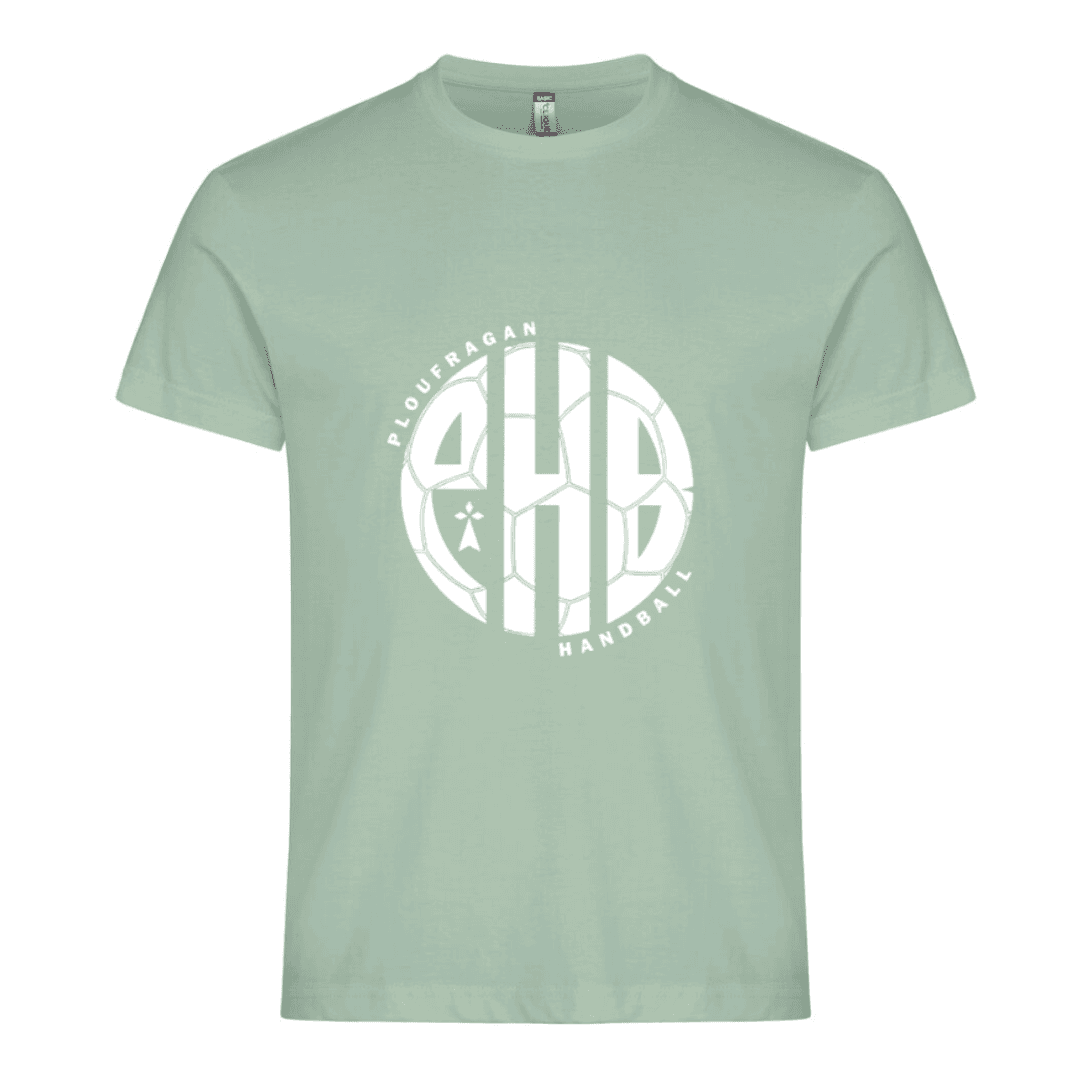 T-shirt gris foncé avec un logo circulaire blanc et du texte sur la poitrine