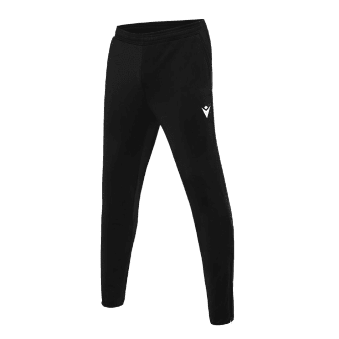 Pantalon de jogging noir avec un petit logo blanc sur la cuisse, isolé sur fond blanc