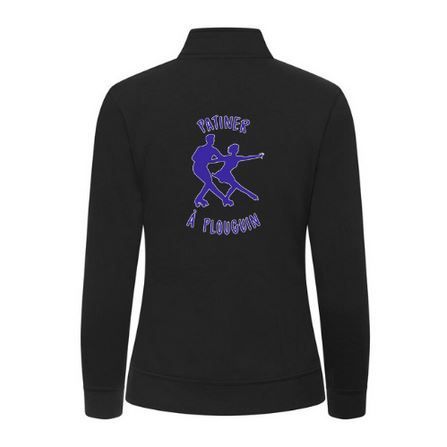 Veste de sport noire zippée avec un petit logo violet sur la poitrine