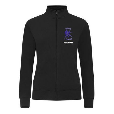 Veste de sport noire zippée avec un petit logo violet sur la poitrine