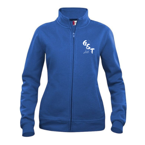 Veste bleue zippée à col montant et logo blanc sur la poitrine gauche.
