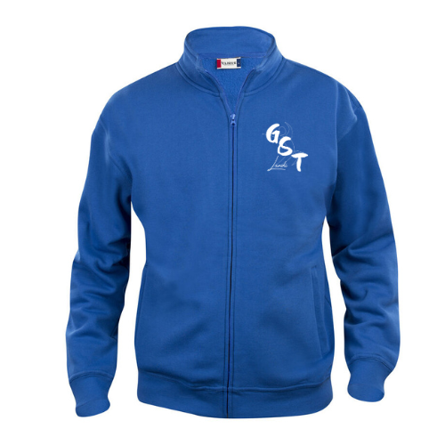 Veste bleue zippée avec logo blanc sur la poitrine, vue de face.