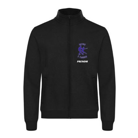 Veste noire zippée avec un petit motif violet et un texte blanc sur la poitrine