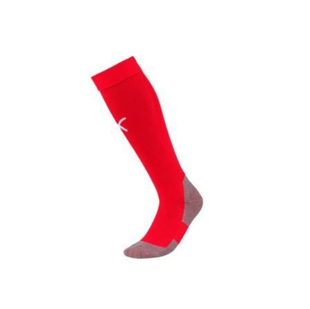 Chaussettes de sport rouges montantes jusqu'aux genoux, avec talon et pointe gris, sur fond blanc.