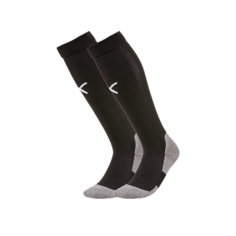 Paire de chaussettes de sport noires montantes jusqu'aux genoux, avec orteils et talons gris,
