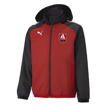 Veste à capuche Puma rouge et noire avec fermeture éclair sur le devant et logo de l'écusson de l'équipe
