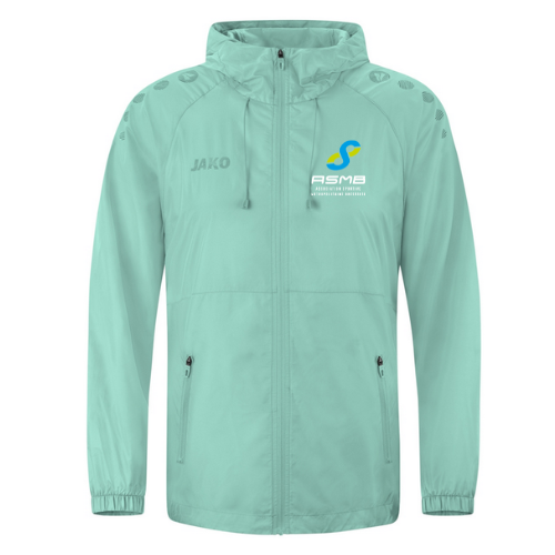 Coupe-vent à capuche vert menthe avec fermeture éclair sur le devant et logo sur la poitrine.