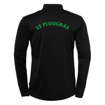 Veste de sport noire avec logos verts sur la poitrine et inscription « uhlsport ».
