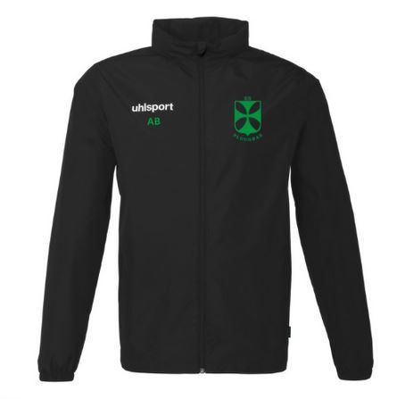 Veste de sport noire avec logos verts sur la poitrine et inscription « uhlsport ».