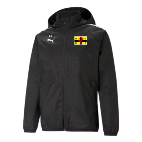 Veste noire à capuche zippée avec un petit écusson jaune-rouge sur la poitrine et un logo blanc.