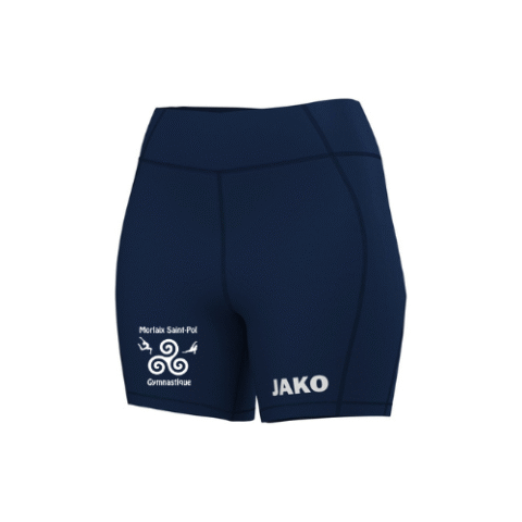 Short de sport JAKO bleu marine avec logos blancs sur le devant.