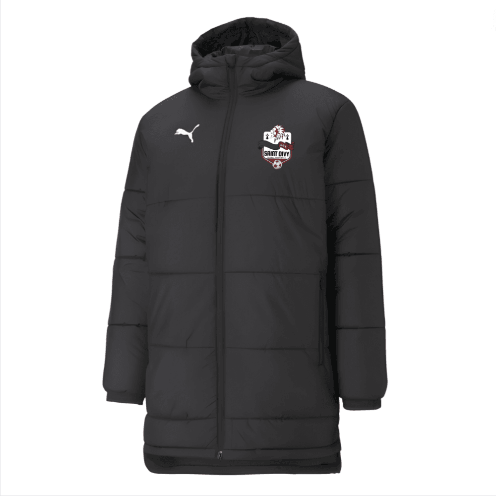 Doudoune Puma noire à capuche avec un petit logo sur la poitrine, sur fond blanc.