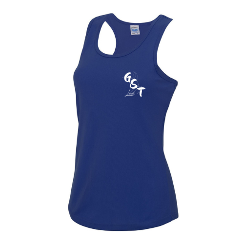 Débardeur de sport bleu sans manches avec une épaule découpée et un petit logo blanc