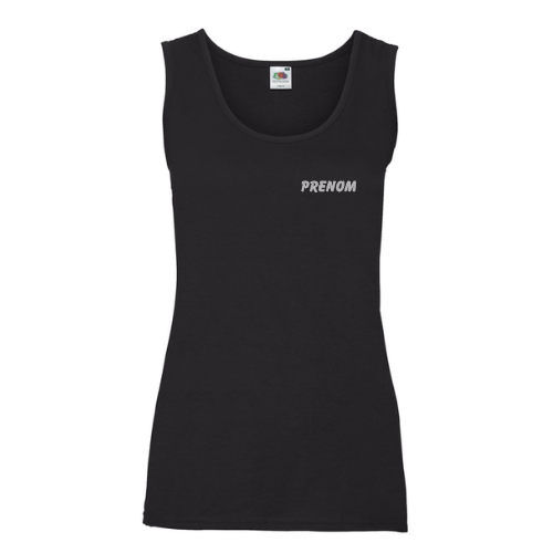 Débardeur de sport noir sans manches avec petit logo blanc sur la poitrine, vue de face