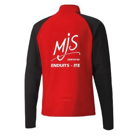 Haut de sport Puma rouge et noir à manches longues, fermeture éclair au quart et écusson de l'équipe sur la poitrine