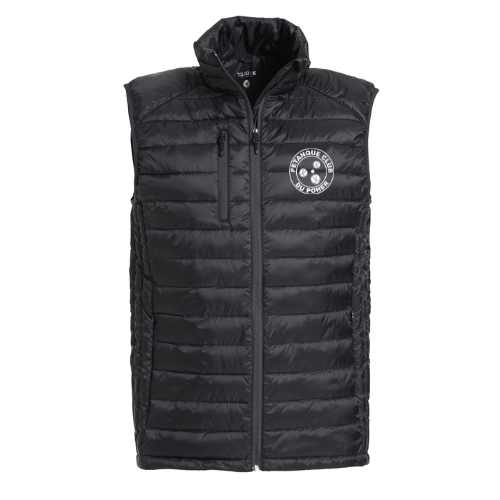 Doudoune sans manches noire matelassée à capuche avec logo sur la poitrine