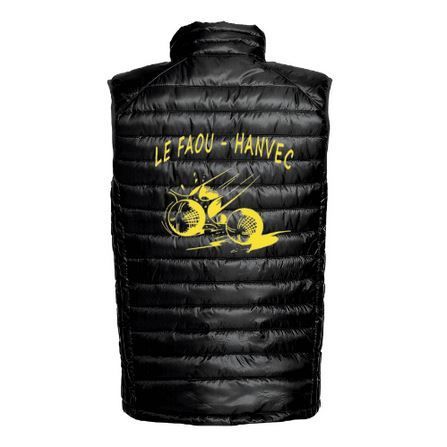 Doudoune sans manches noire à capuche avec logos jaunes sur la poitrine, vue de face.