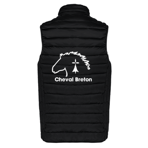 Gilet matelassé noir sans manches, à col montant et orné d'un petit écusson drapeau sur la poitrine.